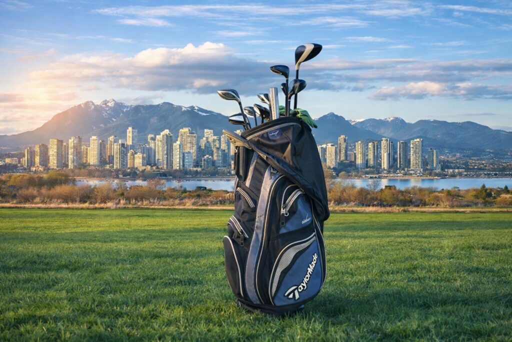 golf bag and vancouver skyline at dusk